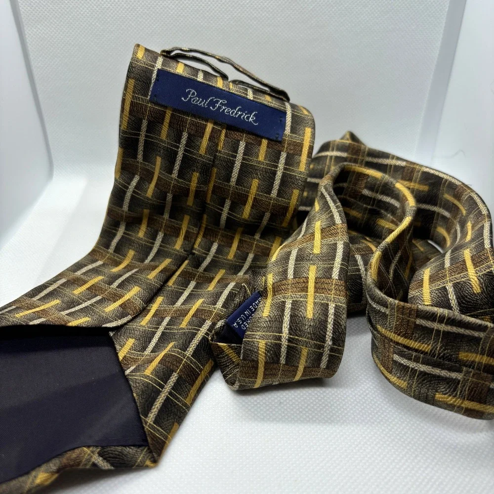 Paul Fredrick Necktie Mens Italian Silk Brown Gold Plaid Pattern Business Formal